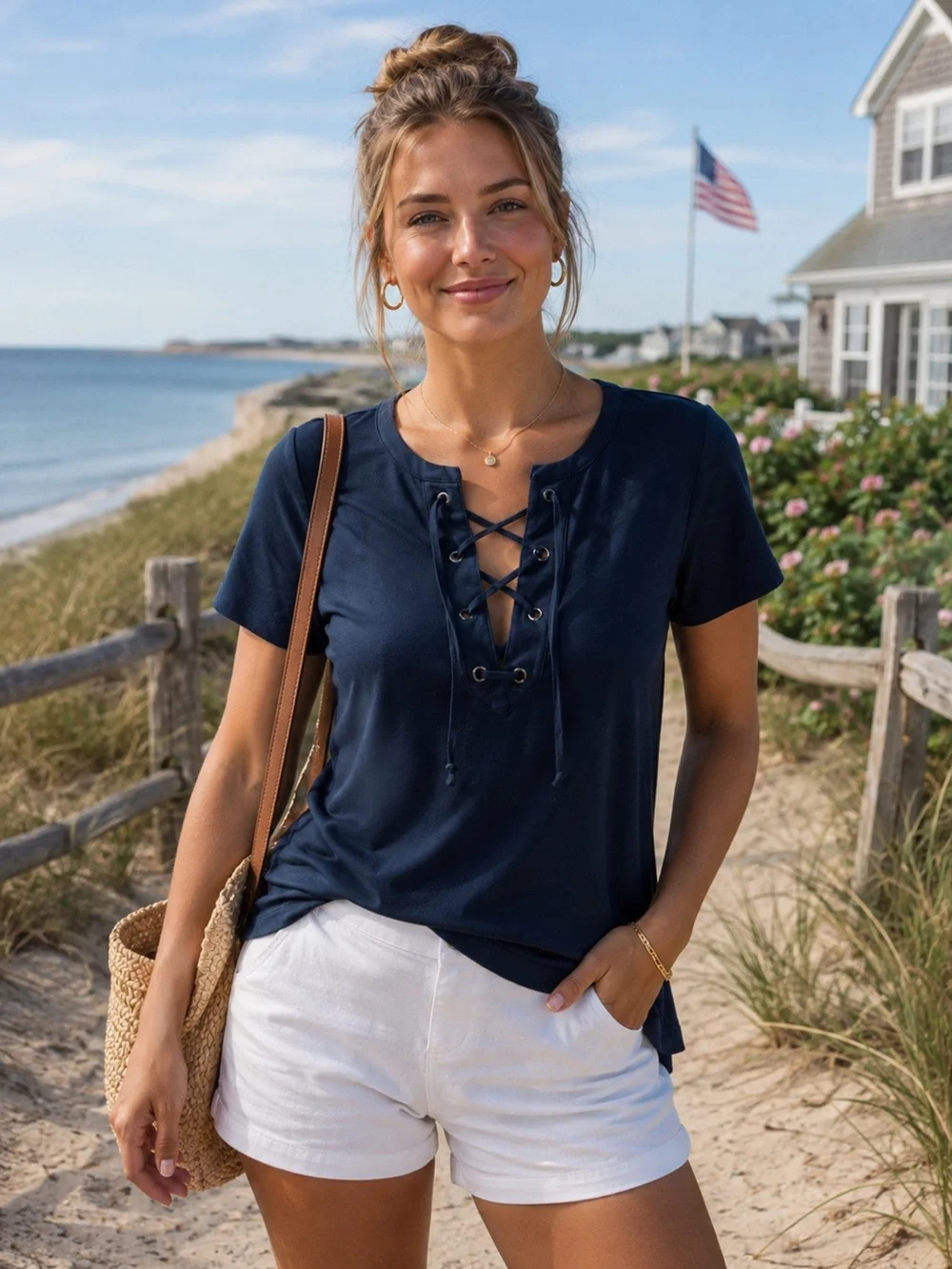 J. Crew Navy Lace-Up Short Sleeve Tee (G-1)